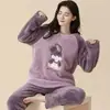 Pijamas Nuevos de Otoño e Invierno para Mujer, Franela Engrosada, Pantalones Largos Casuales de Dibujos Animados Dulces, Ropa de Casa de Terciopelo Coral para Mujer
