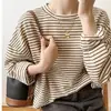 Camiseta Listrada de Manga Longa para Mulheres Primavera, Outono e Inverno 2025 Gola Redonda Solta Camada Interna Estilo Preguiçoso Camisa Base Top Versátil