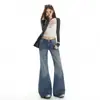 Jeans flare azul retrô de cintura baixa para mulheres, estilo americano, não apertado, elástico, calça boca de sino de perna reta