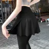 Calças de Yoga com Forro de Fleece Outono e Inverno para Mulheres, Leggings Sharkskin Falsas de Duas Peças de Cintura Alta, Saias Leggings Esportivas Quentes