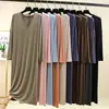 Vestido Modal com Gola V e Manga Longa para Mulheres, Vestido Base Estilo Novo, Vestido Longo Feminino, Camisola Solta Plus Size de Manga Longa, Vestido Camiseta