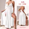 Estilo Europeu Decote Profundo Renda com Pérolas Camisola Fenda Dupla Transparente Malha Longa Feminina Sexy Alças Roupa de Dormir 898