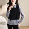 Camisa a rayas falsa de dos piezas para mujer, de manga larga, diseño único, chaleco vintage, top estilizado y elegante, versátil para primavera