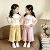 Roupa de Verão para Meninas: Conjunto de Duas Peças Casual Xadrez com Calça Wide Leg, Laço Bordado e Renda, Manga Curta, Estilo Doce Ins