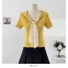 Top de punto de manga corta con cordones, patchwork de rayas retro, cuello azul marino, estilo juvenil de verano para la universidad, ajuste ceñido para mujer