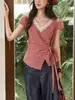 Blusa de Encaje Roja para Mujer Verano 2026 Ajustada a la Cintura de Manga Corta para Figuras Petite