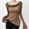 Diseño Nicho Plisado Asimétrico Cuello Caído Camiseta de Manga Larga para Mujer Otoño e Invierno 2024 Nueva Camiseta Básica con Top Interior