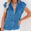 2024 Verano Nuevo Estación Independiente Exportación Retro Camisa de Mezclilla de Manga Corta Azul Camisa Top Estilo Europeo y Americano Ropa de Mujer