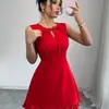 Vestido Mini de Mujer Cuello Redondo Diseño de Moño Corte Frontal Sin Mangas Ajustado Dobladillo Bloque de Color Volantes