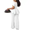 Conjunto de Terno Elegante Vermelho Estilo Europeu e Americano Mais Vendido no Exterior para Mulheres, Top de Manga Curta Acinturado, Calça de Perna Larga Fluida, Conjunto de Duas Peças para Trabalho