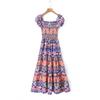 Vestido feminino de comprimento médio com estampa, estilo europeu e americano, cintura elástica, pulôver, novidade 2024, atacado