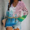 Camiseta de manga larga para mujer, corte holgado, cuello en V, estampado animal 3D digital interesante, transfronteriza, al por mayor