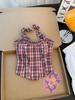 Moda Estilo Chica Atrevida Sexy Traje de Dos Piezas para Mujer Verano Nuevo Cuadros Cuello Halter Tubo Pantalones de Pierna Ancha Casual