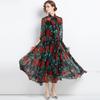 ¿Vestido de primavera para mujer nuevo 2022, vestido largo estampado de gasa de manga larga con cuello de lazo retro? Comercio exterior