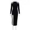 Vestido Elegante Sexy de Cuello Semi-Alto de Manga Larga Estilo Europeo y Americano para Mujer de Color Puro de Cintura Alta con Pedrería y Abertura Alta Falda Larga