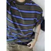 Camisetas de Verano para Hombre y Mujer de Rayas Moradas Estilo Retro Americano Cleanfit Holgadas de Media Manga Tendencia