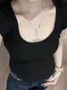 Estilo Chica Hot Cuello en U Hombros al Descubierto Tejido Camiseta de Manga Corta Elástica Fina de Verano para Mujer Top Básico de Alta Calidad