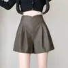 Shorts de couro fosco para mulheres, outono e inverno, anti-rugas, cintura alta, shorts de couro de perna larga para usar por cima, calças de comprimento três quartos