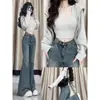 Jeans Boca de Sino Vintage Novo 2026 Primavera e Outono com Bainha Desfiada para Mulheres Plus Size Estilo Americano Irregular Calças Hot Girl