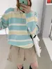 Suéter de tricô com gola polo listrada estilo coreano para mulheres, nova coleção primavera/outono, estilo old money, top de manga longa com corte solto