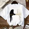 Camiseta Feminina Y2K com Estampa de Asas de Anjo e Diabo, Gola Redonda - Preta Casual de Manga Curta