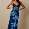 Vestido largo de verano francés transfronterizo con cuello en V y estampado de lirios, entallado a la cintura, sexy y elegante estilo INS para la noche
