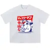 Camiseta curta de manga curta lavada preta desgastada de marca da moda estampa de personagem de anime peso pesado estilo de rua bidimensional importado
