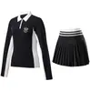 Conjunto Esportivo, Roupa de Tênis, Saia Curta da Moda, Camiseta Fitness de Golfe com Lapela e Manga Longa, Conjunto de Saia Plissada