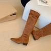 Botas de Montón con Amplia Circunferencia de Pantorrilla, Nuevo Estilo Otoño 2026, Punta Cuadrada, Tacón Grueso, Botas Plisadas, Botas Largas de Gamuza, Botas de Tacón Bajo para Mujer