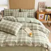 Novo Conjunto de Quatro Peças Tingido em Fio 100% Algodão Lavado Conjunto de Três Peças 100% Algodão para Dormitório Estudantil Lençol de Cama Individual Capa de Edredom Roupa de Cama