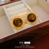 Brincos de tarraxa redondos em Pedra Olho de Tigre com agulha de prata banhada a ouro real, brincos elegantes retrô, brincos da moda para todas as ocasiões, atacado de fábrica