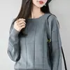 Novo suéter de malha 100% algodão puro com gola redonda para outono e inverno para mulheres, quente e grosso, top de base xadrez de caimento solto