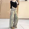 Jeans Vintage Reto Tingido Sujo Lavado Estilo Americano para Homens e Mulheres, Calças Longas Largas Retrô Levemente Abertas na Barra que Tocam o Chão