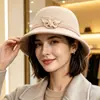 Chapéu bucket floral 100% lã coreano para mulheres, cor sólida vintage, moderno, elegante, de alta qualidade, adequado para mães, outono e inverno