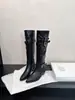 Botas para mujer 2026 de moda, punta fina, hasta la rodilla, estilo coreano, western, nuevas botas de mezclilla con hebilla de cinturón y tacón grueso para aumentar la altura