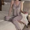 Guiruo Sexy Terciopelo Escote V Profundo con Almohadilla en el Pecho Top de Tirantes Pantalones Bata Costuras de Encaje Traje Ropa de Casa C4180