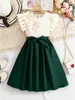 Vestido de Verano para Niñas de 4 a 8 Años, Elegante Vestido Blanco con Decoración Floral 3D y Moño Verde Oscuro, Comercio Transfronterizo