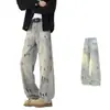 Jeans de Mezclilla Azul Tie-Dye con Salpicaduras Vintage para Hombre, Pantalones Largos Estilo Wasteland, Pantalones de Pierna Ancha Acampanados de Marca de Moda