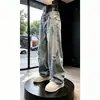 Pantalones curvos para hombre con pintura salpicada y rotos azules, pantalones de pierna recta con lavado y efecto desgastado, pantalones vaqueros de pierna ancha de marca moderna estilo americano