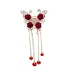 Pasador de borla de rosa roja estilo chino para mujer, para la parte trasera de la cabeza, media coleta, recogido, pinza de tiburón, pinza para el pelo de alta calidad, accesorios para el pelo