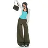 Calça Jeans Feminina Verde Militar Transfronteiriça Cintura Alta Lavada Rasgada Outono 2026 Nova Casual Solta Caimento Perna Curva