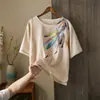 Algodón y Lino Verano Nuevo Vintage Estampado Artístico Holgada y Fluida Corte Entallado Delgada Alta Gama Camisa para Mujer