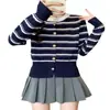 Procesamiento OEM de chaqueta cárdigan suéter de punto a rayas para mujer de otoño e invierno, adelgazante y favorecedor, adecuado para usar en capas