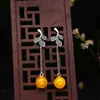 Brincos de Prata Esterlina S925 com Calcedônia Amarela para Mulheres Artísticos Elegantes Pequena Folha Brincos Longos Estilo Chinês Vintage Brincos de Prata Tailandesa
