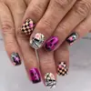 Uñas Postizas de Halloween de Dibujos Animados Cuadradas Cortas Calabaza Momia Tablero de Ajedrez Telaraña Pegatinas para Uñas Postizas Festivas