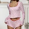 Conjunto de dos piezas para mujer, cárdigan de punto acanalado con estampado rosa estilo europeo y americano, manga larga, shorts, pijama y ropa de estar en casa.