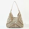Bolso de Paja de Cuerda de Papel de Nuevo Estilo de un Solo Hombro con Diseño de Cuadrado de Abuela Hueco, Bolso Tejido Grande de Bloques de Color Triangulares para Mujer, Bolsa para Vacaciones en la Playa