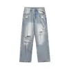 Jeans de Mujer Lavados Retro Americanos Desgastados Azul Claro Rasgados Nuevos de Calle Rectos Sueltos Pantalones Casuales