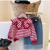 Conjunto de Menina Primavera/Outono 2026 Transfronteiriço: Conjunto de Duas Peças: Moletom de Manga Longa com Gola Listrada + Calça Jeans com Miçangas