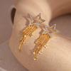 Elegantes Brincos de Franja Estrela de Cinco Pontas Cravejados com Zircônia, Galvanizados a Ouro Real, Luxo Leve, Brincos de Estilo High-End para Mulheres